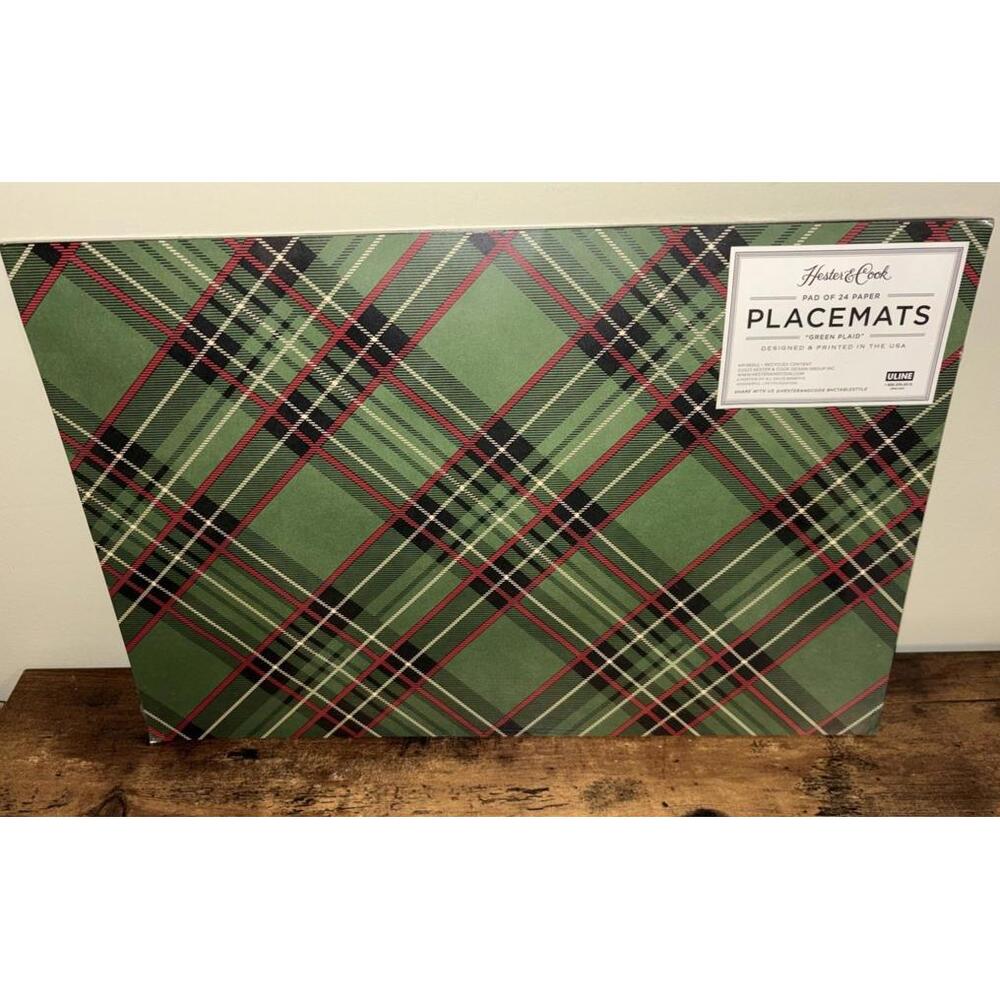 Hester & Cook  18.5”x12.5” Pad/24 Paper Christmas Placemats Green Plaid Holiday